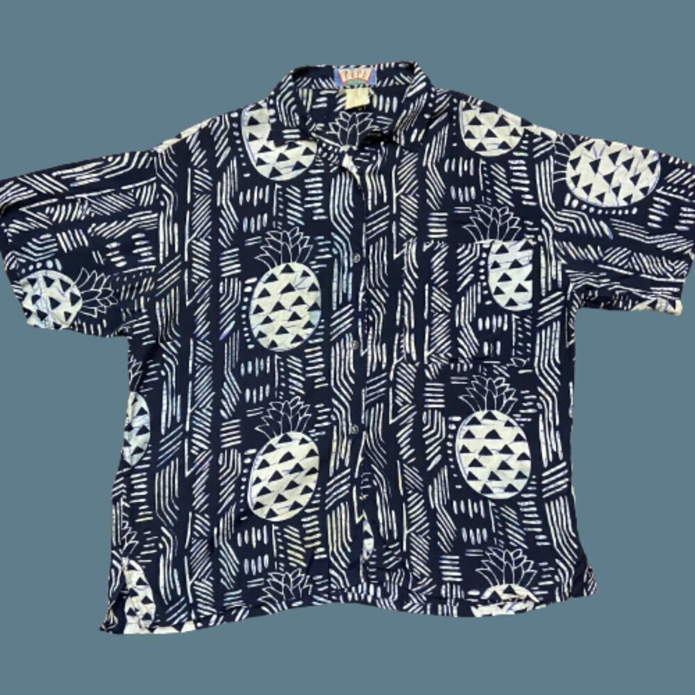Pepe Vintage Rayon Pineapple Hawaiian Shirt Navy Blue Button Front Men's Large